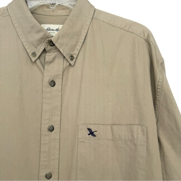 Vintage Eddie Bauer Cotton Twill Button Up Shirt Size Large Tan Classic 80s 90s - Picture 2 of 6